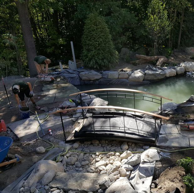 Under construction, in progress, Koi pond, landscape design, water garden design, water feature